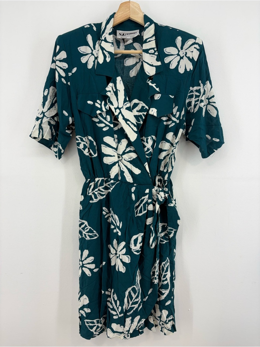 Vintage SL Fashions Tropical Teal Floral Wrap Romper Made in USA Size 12